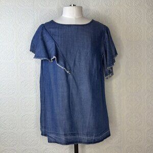 Bobeau Blue Denim Top with Frayed Sleeves